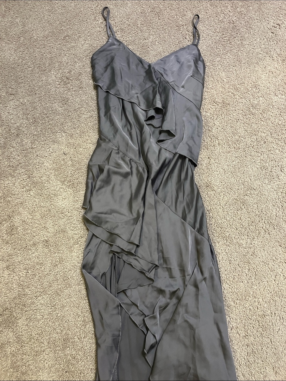 Silk Gray Long Ruffle Slip Dress
